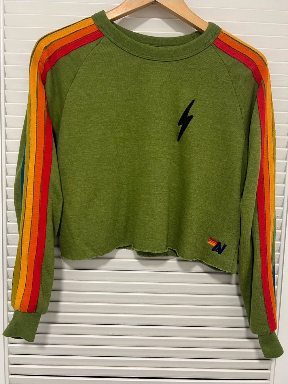 Aviator Nation Olive Cropped Crewneck with Black Lightning Rainbow Stripes Small